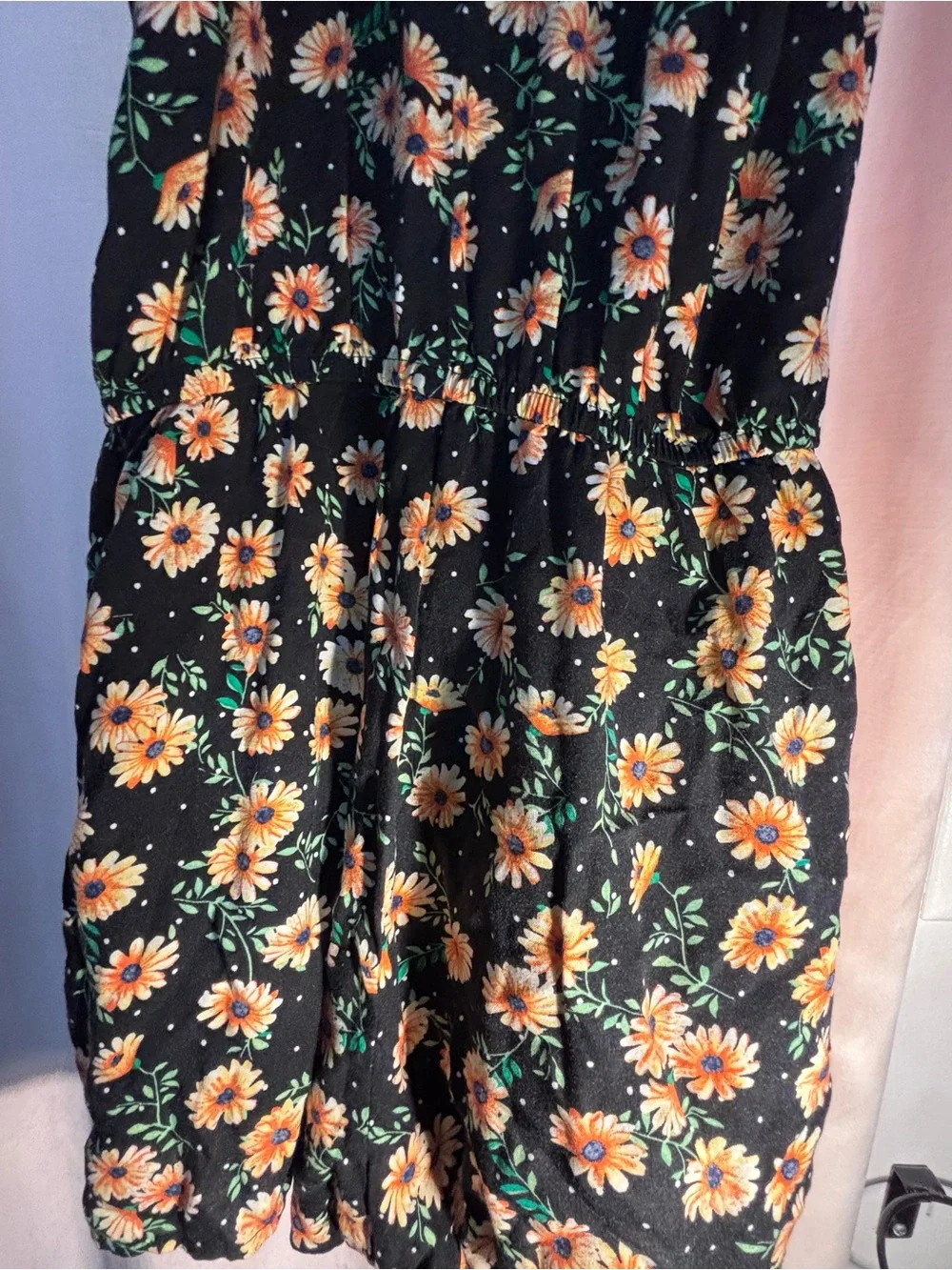 Black Floral Romper / Shorts with Pockets Elastic Waist